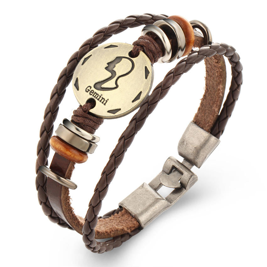 Vintage Zodiac Sign Leather Bracelet