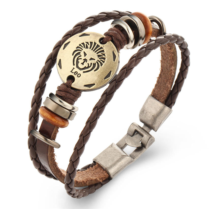 Vintage Zodiac Sign Leather Bracelet