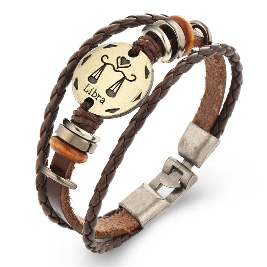 Vintage Zodiac Sign Leather Bracelet