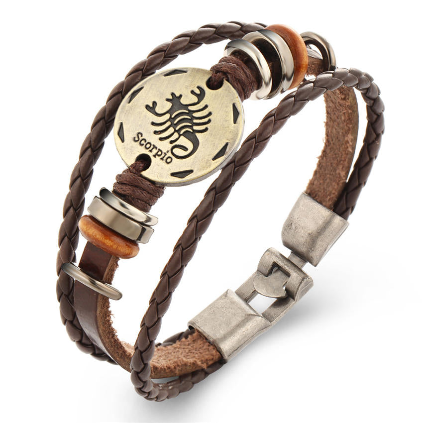 Vintage Zodiac Sign Leather Bracelet