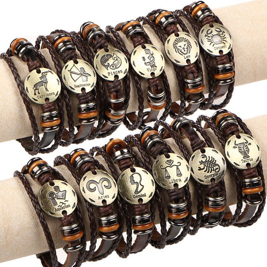 Vintage Zodiac Sign Leather Bracelet