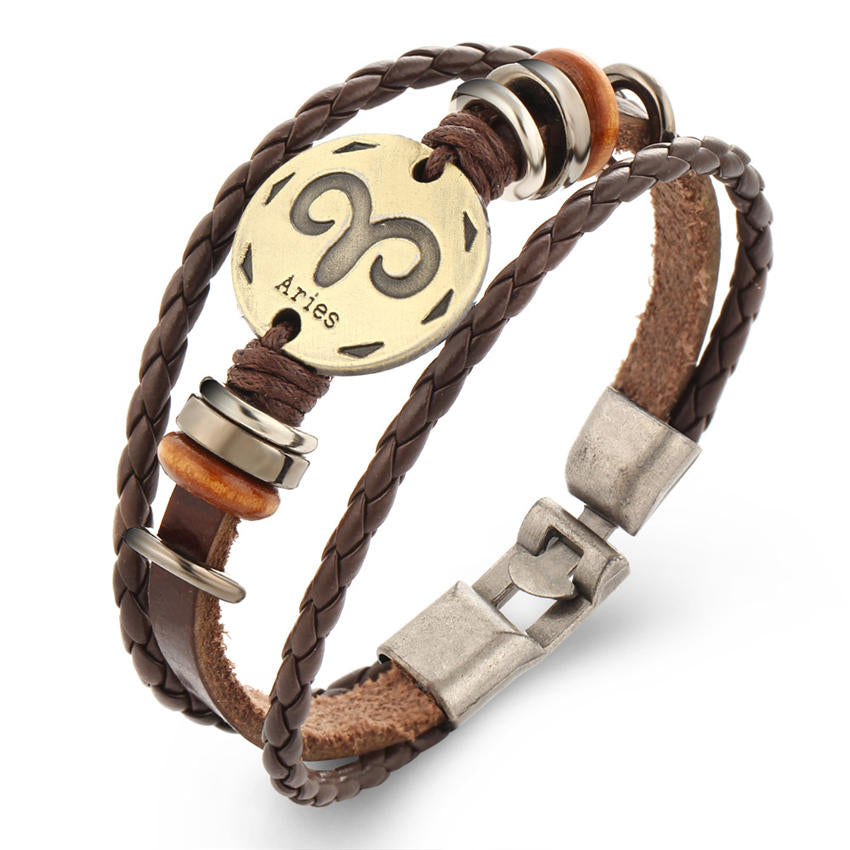Vintage Zodiac Sign Leather Bracelet